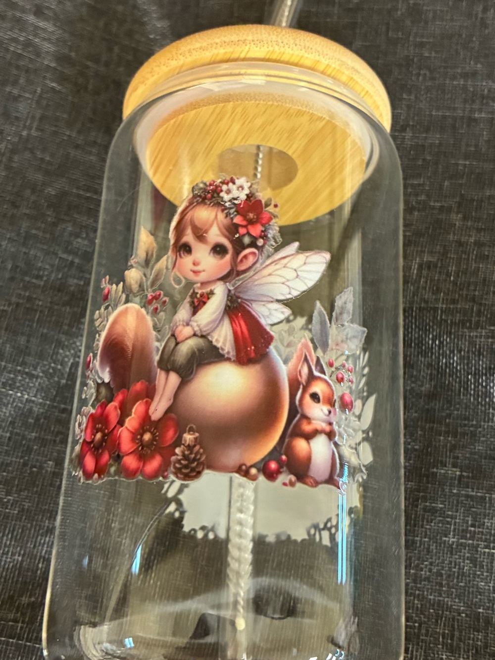Fairy Girl Glass Jar with Bunny and Floral Art